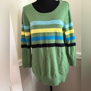 L.L.Bean 100% Cashmere Green Striped Blue Black Yellow 70s Pullover Sweater